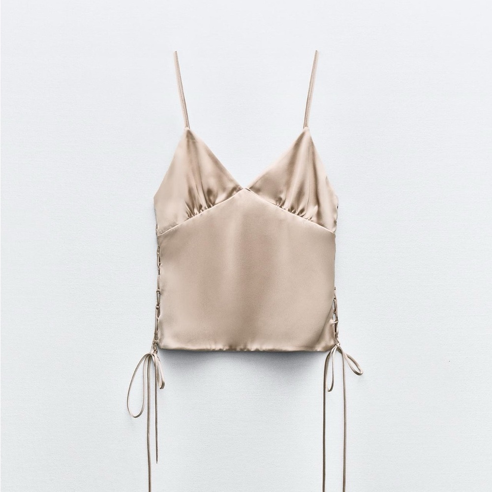 Zara Beige Satin Lace-Up Cami Tank